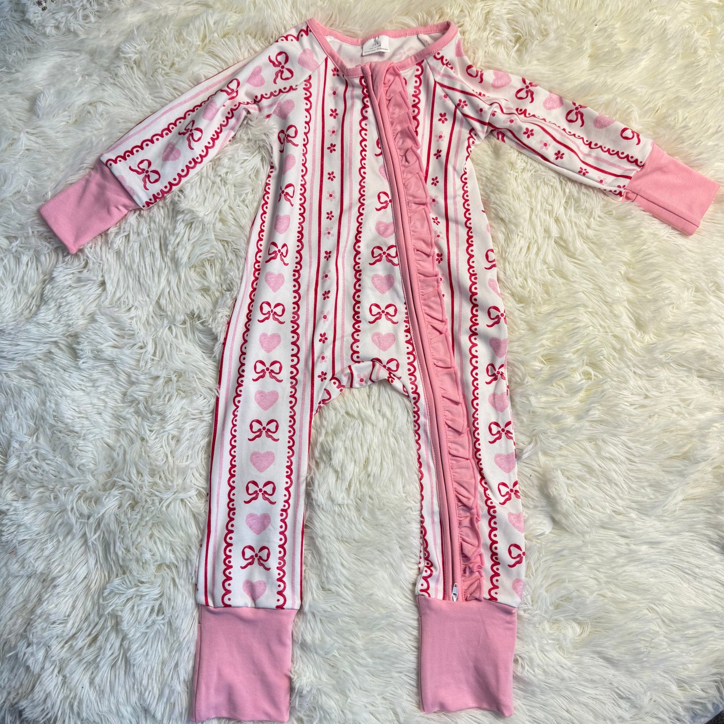 12.1 RST LR2781 Baby Girls Pink Bows Hearst Stripe Valentines Two Way Ruffle Zip Convertible Rompers