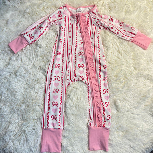12.1 RST LR2781 Baby Girls Pink Bows Hearst Stripe Valentines Two Way Ruffle Zip Convertible Rompers