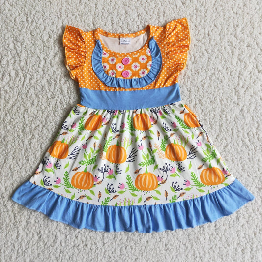 D4-13 girl halloween blue short sleeve pumpkin dress-promotion