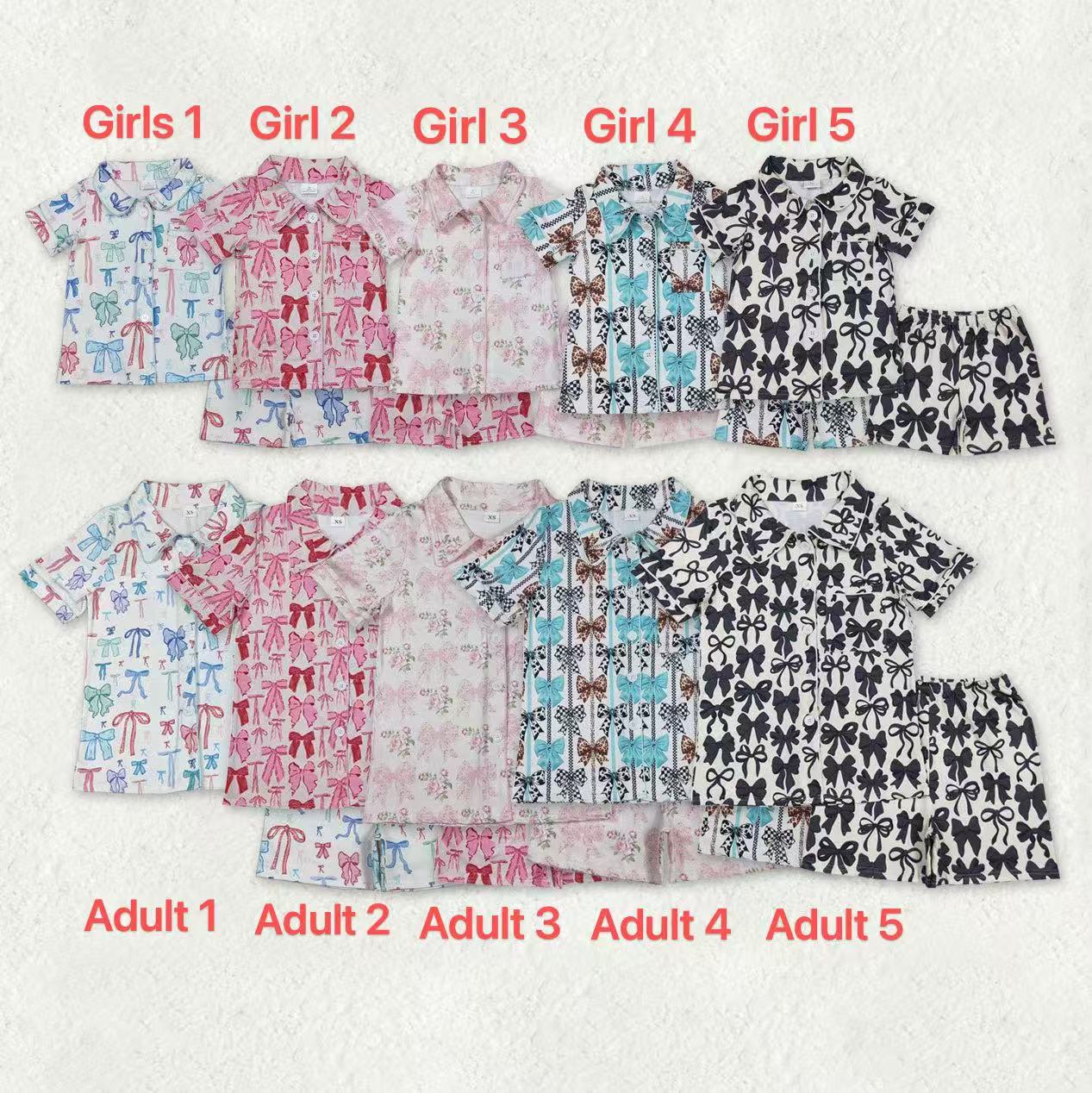 11.10 RTS Silbing Mama and Me Colorful Bows Pocket Button Top Shorts Pajamas Sets