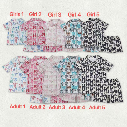 11.10 RTS Silbing Mama and Me Colorful Bows Pocket Button Top Shorts Pajamas Sets