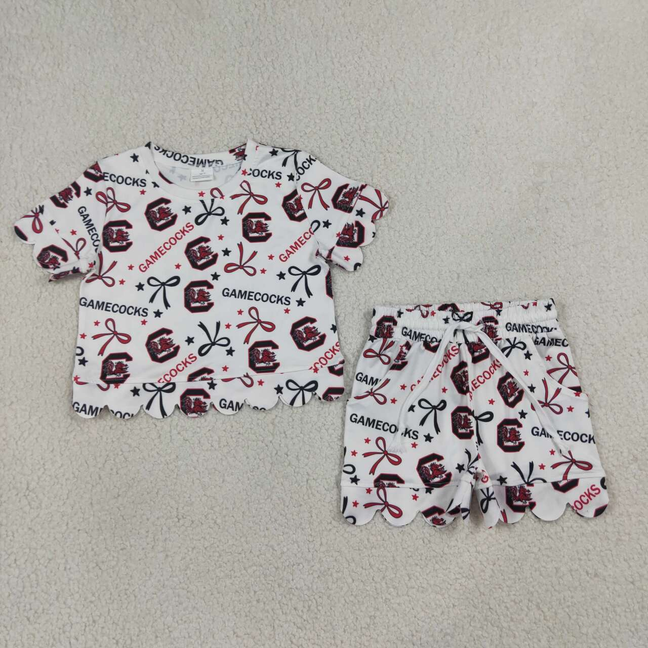 GSSO3641 RTS NO MOQ （In stock）Baby Girls Bow Short Sleeve Top Scallop Short Team Clothes Set