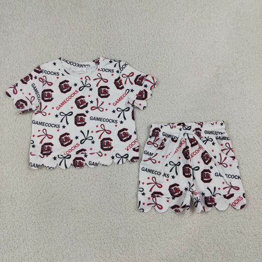 GSSO3641 RTS NO MOQ （In stock）Baby Girls Bow Short Sleeve Top Scallop Short Team Clothes Set