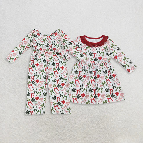 9.24 RTS Sibling Baby Girls Christmas Green Red Bows Pockets Jumpsuits Knee Length Dress