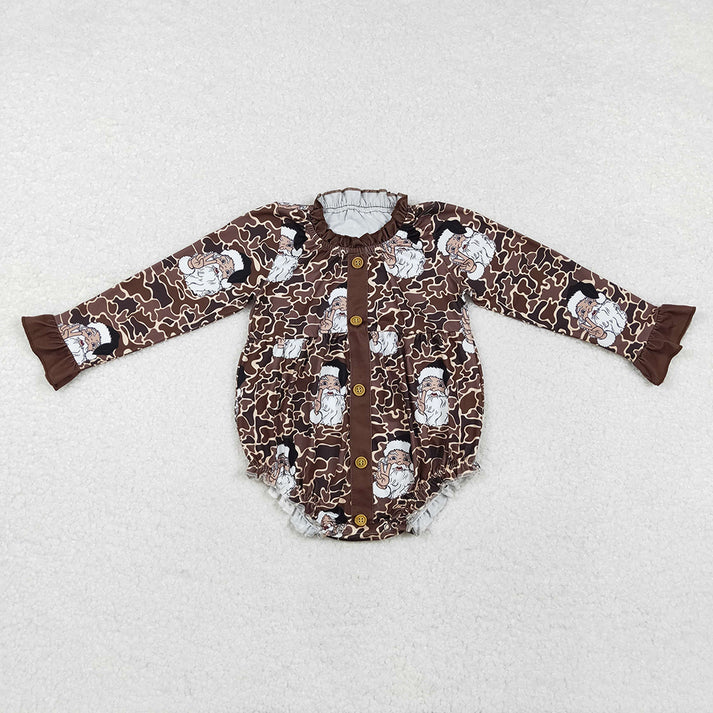 Baby Girls Dark Brown Leopard Santa Button Long Sleeve Dress & Romper