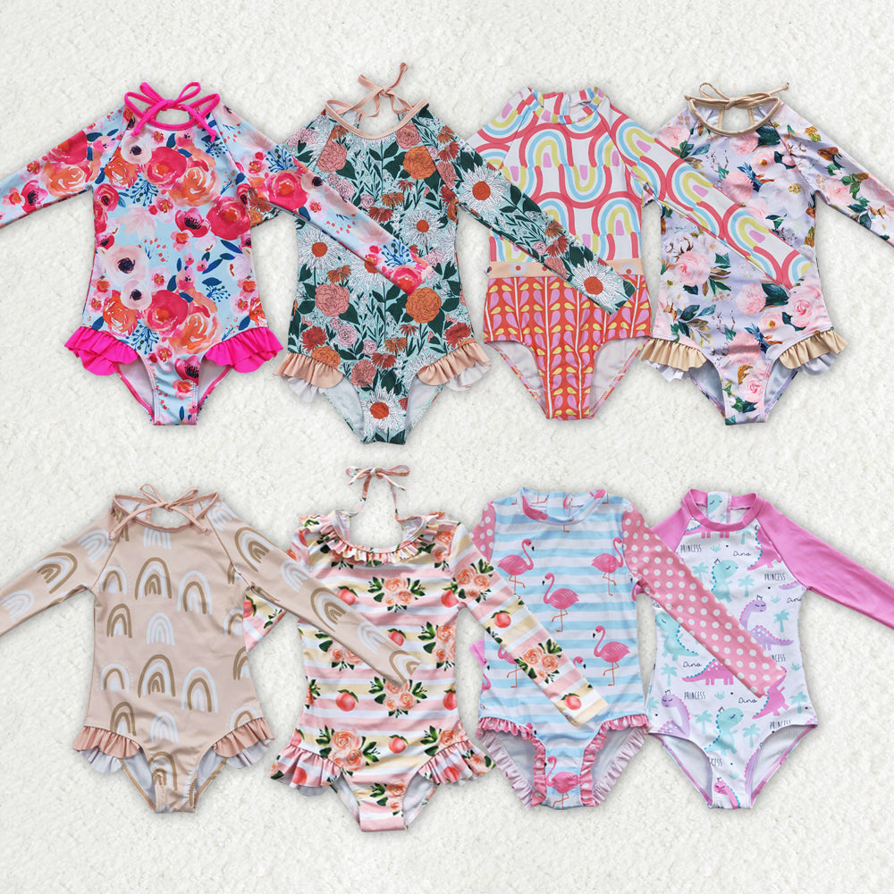Baby Girls Dino Princess Swimsuit Long Sleeves One-Piece Lining UV Protection Swimwear for Kids