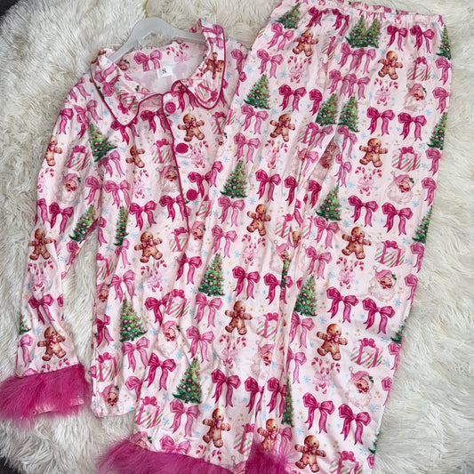11.24 RTS NO MOQ （In stock）GLP2717 Adult Women Bows Gingerbread Trees Button Top Pants Christmas Fur Pajamas Sets