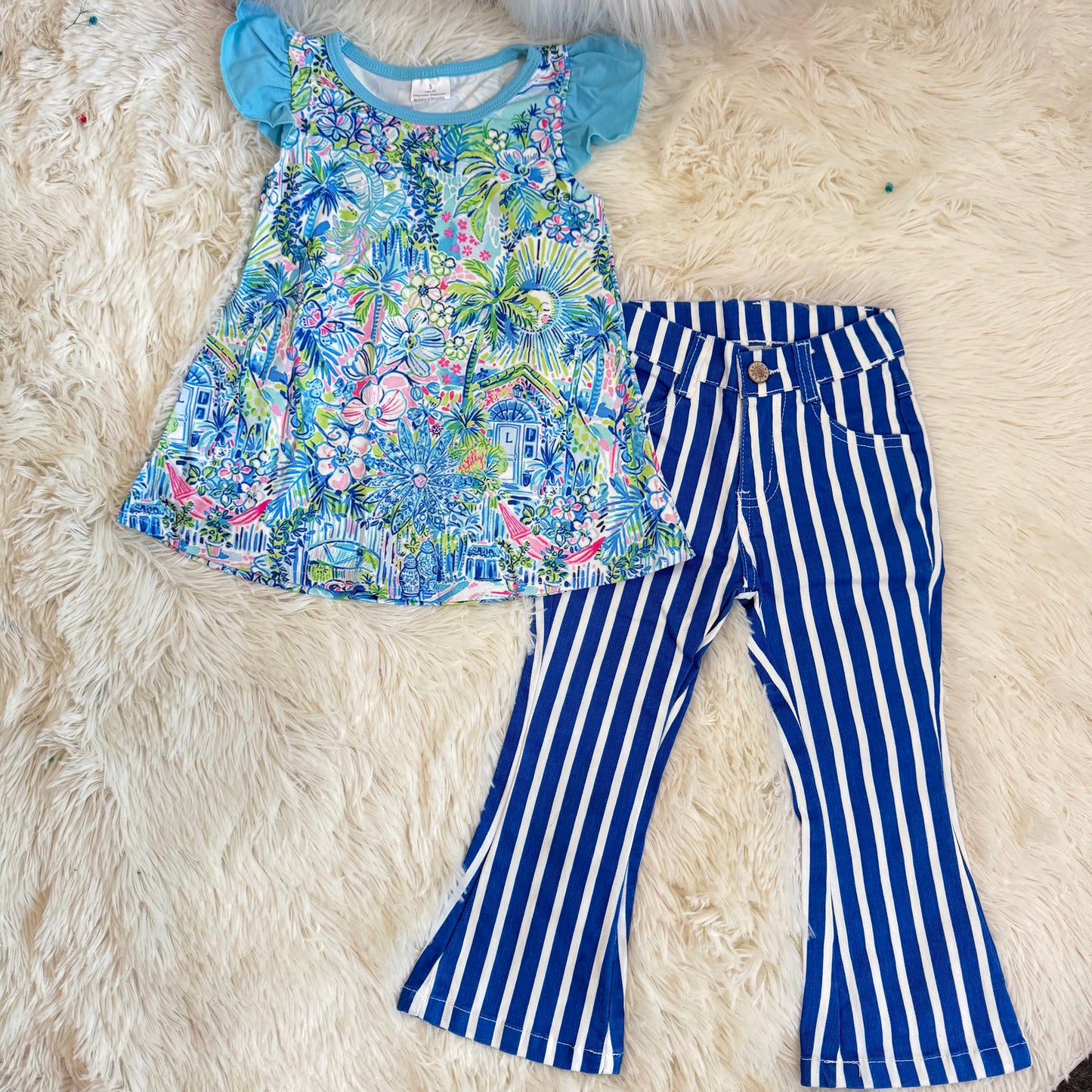 12.29 RST GT0562 + P0761 Baby Girls Blue Pink Flowers Flutter Sleeve Tunic Tops Stripes Bell Bottom Denim Jeans Pants
