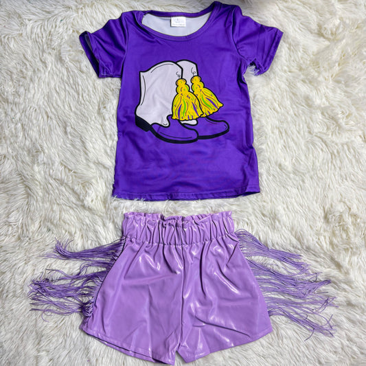 1.7 RST GT1254 + SS0242 Baby Girls Purple Short Sleeve Boots Tassel Mardigras Tee Shirts Top Tassel Pleather Shorts