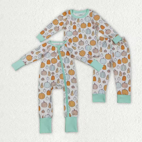 9.24 RTS Sibling Baby Boys Colorful Pumpkins Fall Zipper Footie Rompers Pajamas Sets