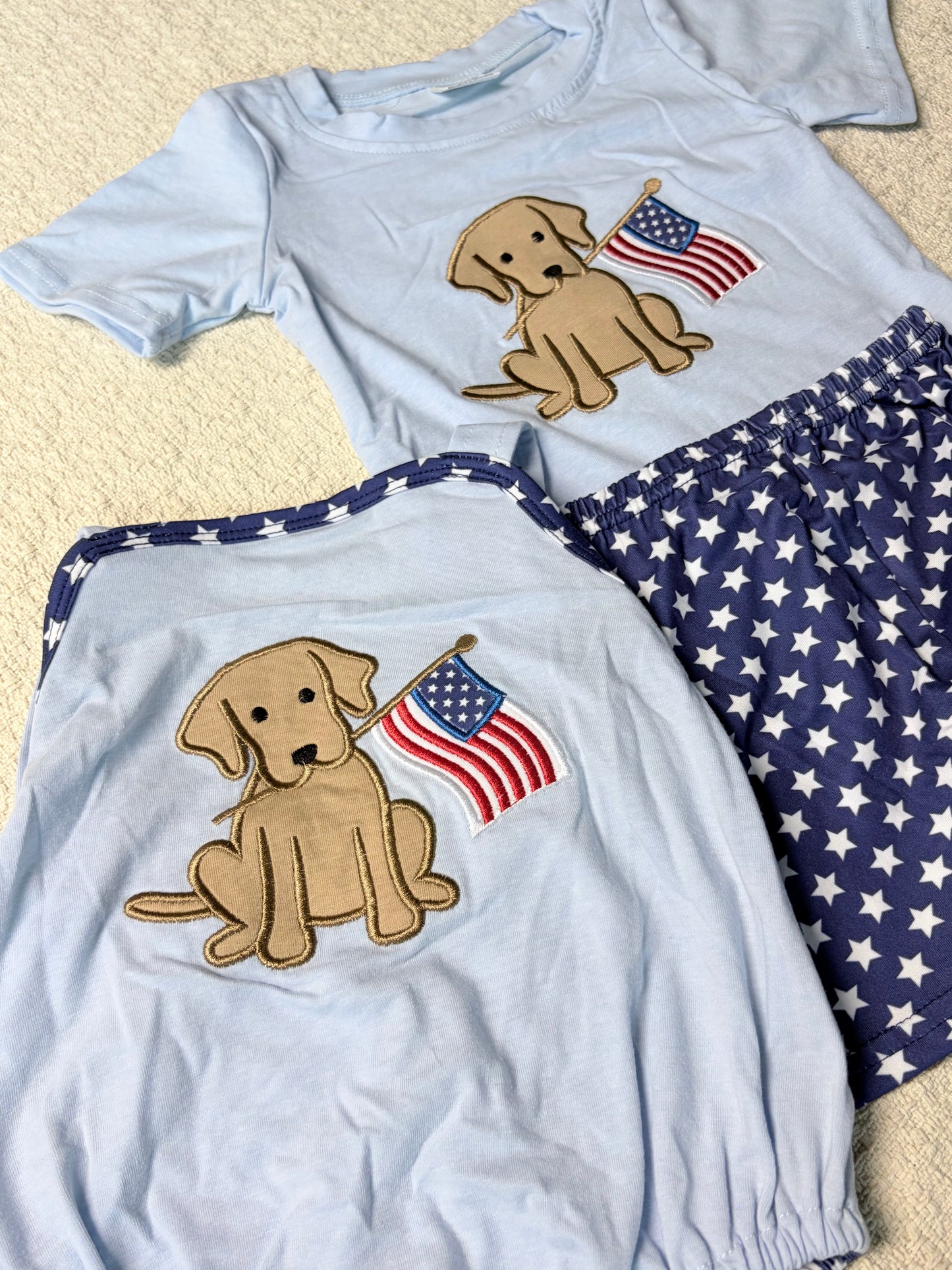 0430 RTS Sibling Dog flag embroidery backless bow kids 4th of july clothes and romper
