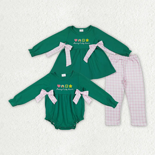 12.17 RTS Sibling Baby Girls Embroidery Clovers Bows Tunic Pants St Patrick Clothes Set Ruffle Rompers