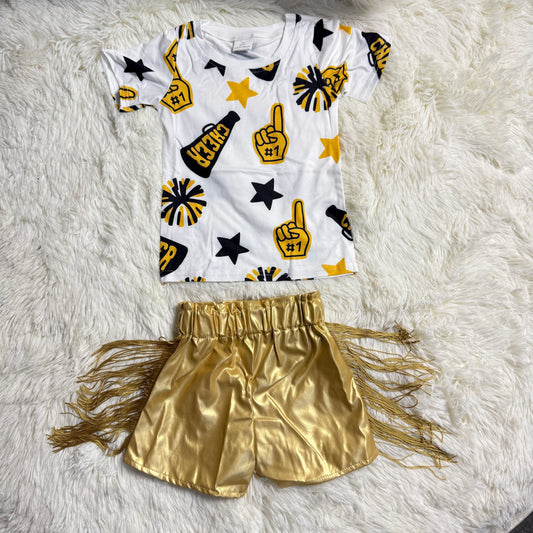 1.7 RST GT1100 + SS0242 Baby Girls Cheer Golden Team Pullovers Tee Shirts Tops Tassel Pleather Shorts