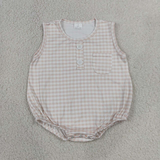 SR4233 RTS NO MOQ （In stock）Baby Kids Sleeveless Light Pink Checked Button Pocket Rompers