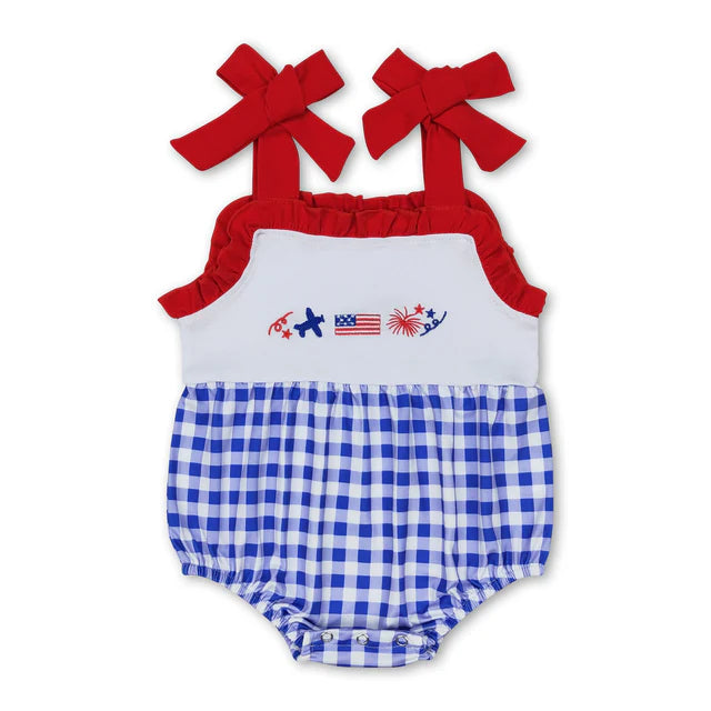 RTS Sibling Red straps flag baby boy 4th of july romper