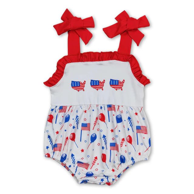RTS Sibling Red straps flag baby boy 4th of july romper
