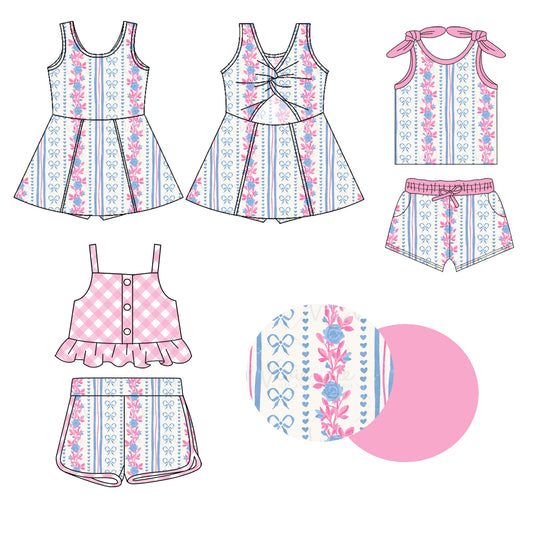 Sleeveless blue bow floral baby girls athletic dresses
