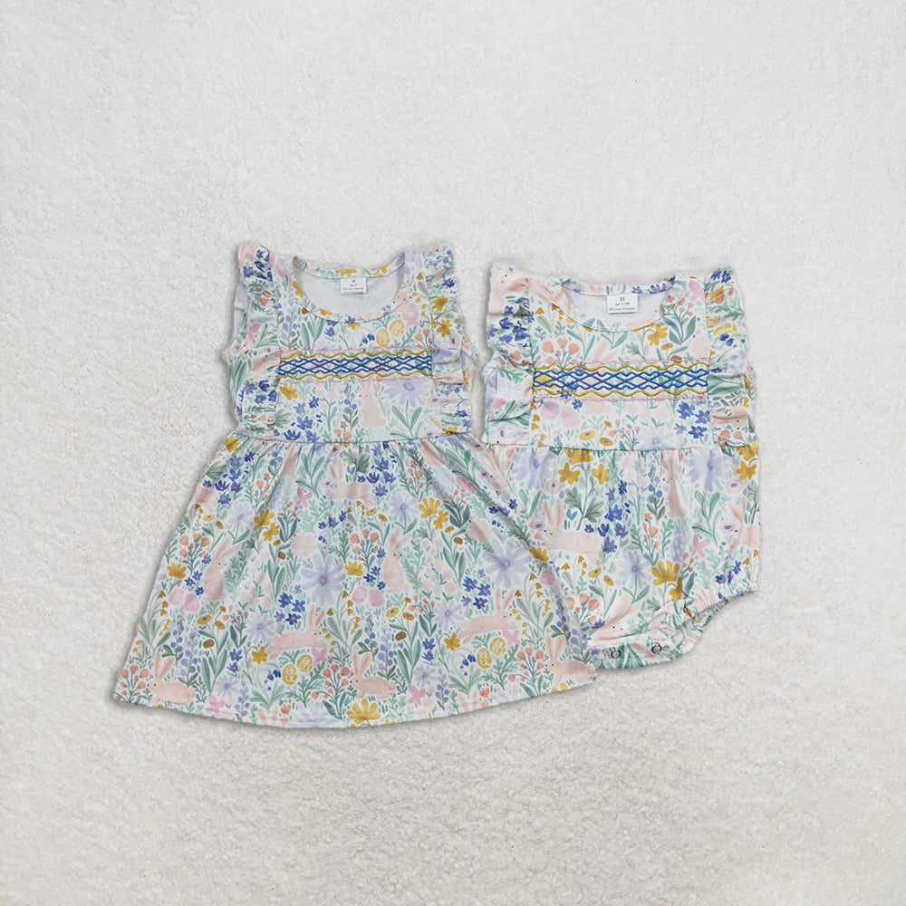 4.22 RTS NO MOQ Baby Girls Floral Embroidery Dress with Rabbit Ear Design And Flutter Sleeves Cute Children's Clothing for Girls