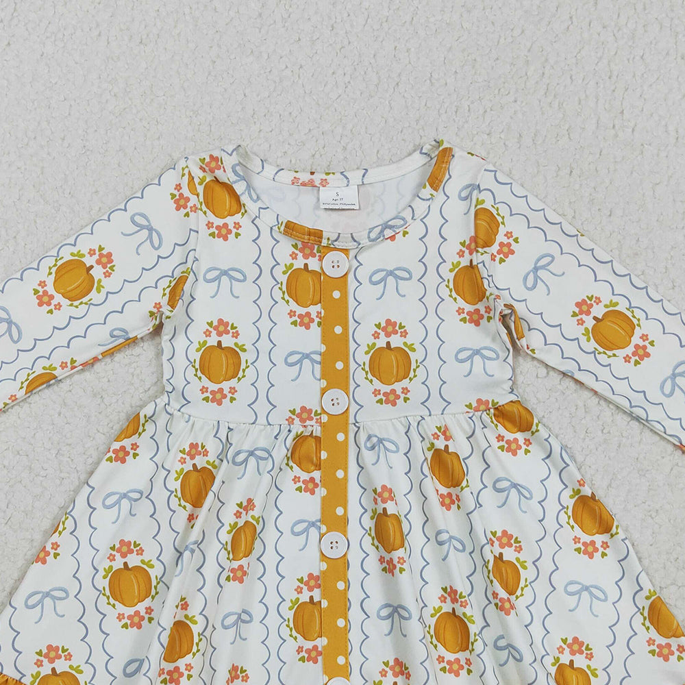 RTS NO MOQ （In stock）GLD1111 Baby Girls Winter Dress Baby Girls Long Sleeves Pumpkins Bows Plaid Button Ruffle Knee Length Dresses