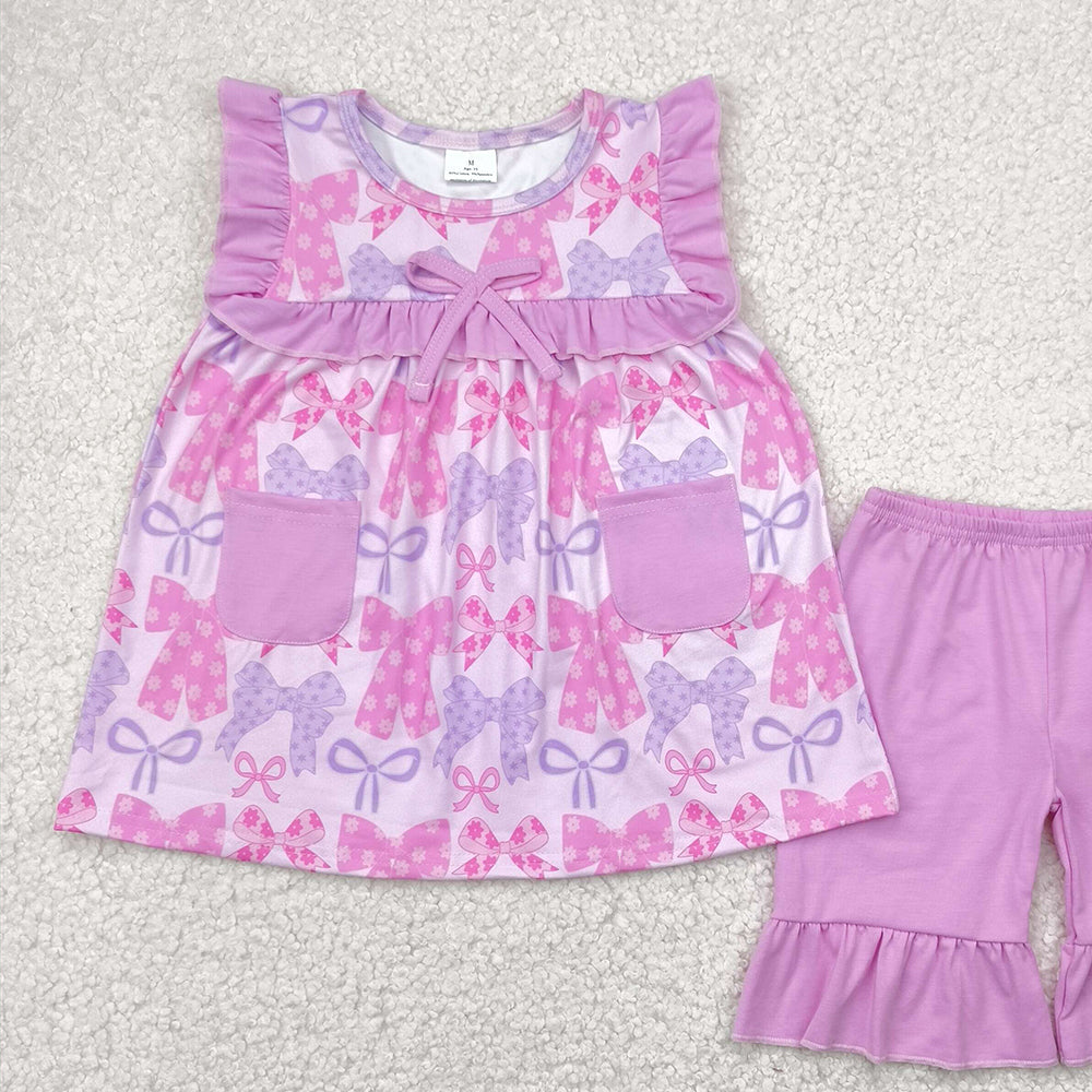 7.17   GSSO2462RTS NO MOQ Baby Girls Summer Outfits baby girl clothes bow sleeveless shorts set
