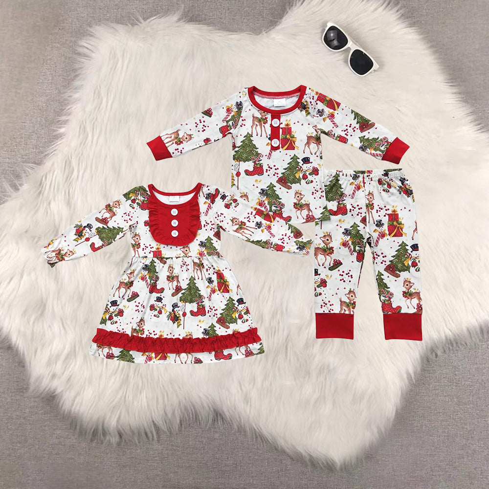 8.21 RTS Sibling Deer snowman Christmas tree kids boy pajamas dress