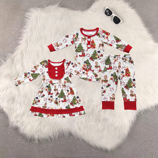8.21 RTS Sibling Deer snowman Christmas tree kids boy pajamas dress