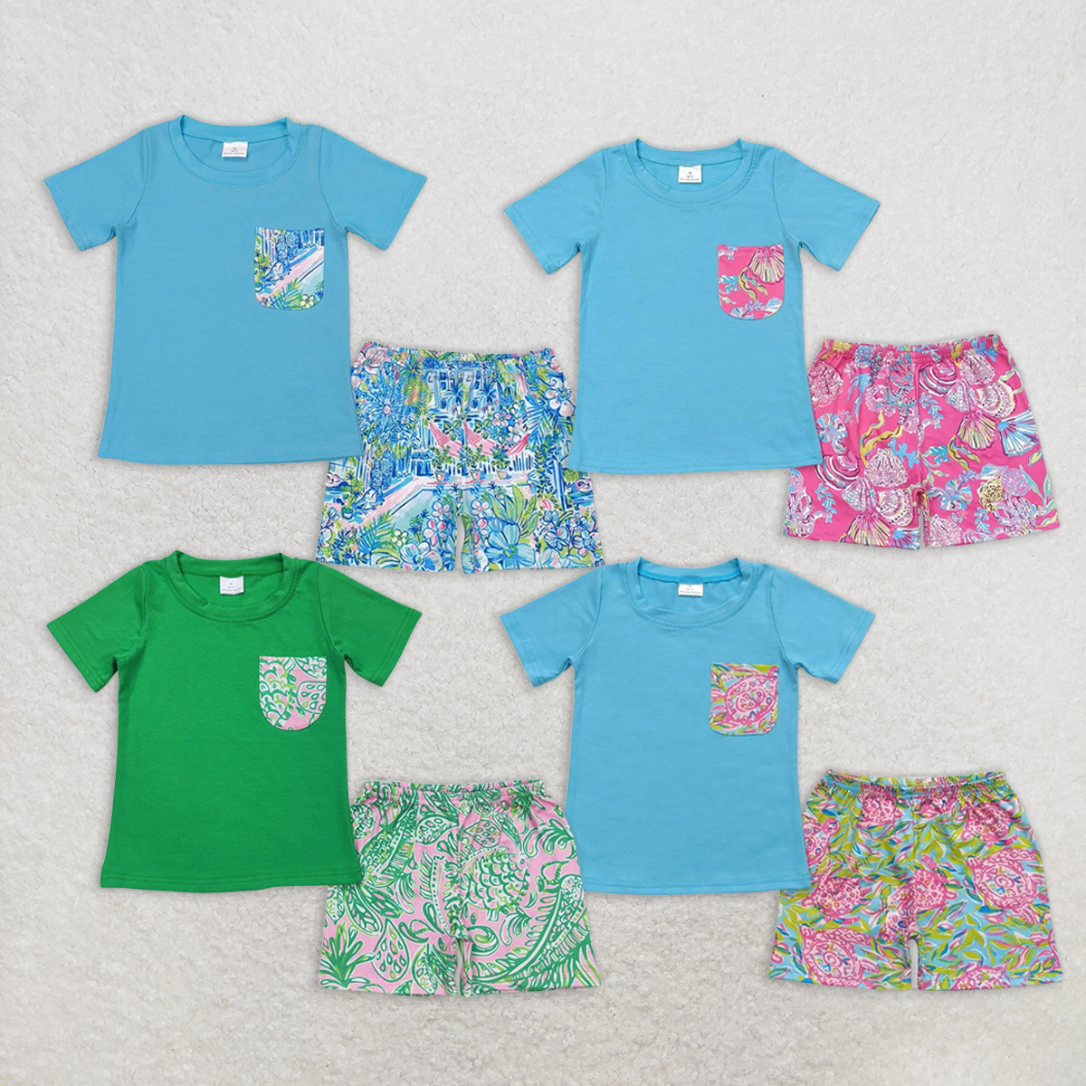 7.19  RTS NO MOQ Baby Boys Summer Boys Outfits Baby Boys Blue Top Floral Shorts Set