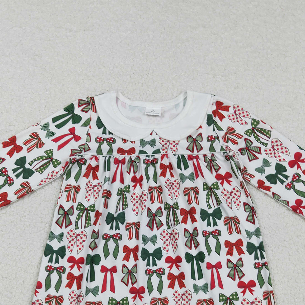 RTS NO MOQ （In stock）GLD1237 Baby Girls Winter Dress Baby Girls Green Red Bows Plaid Christmas Knee Length Dresses