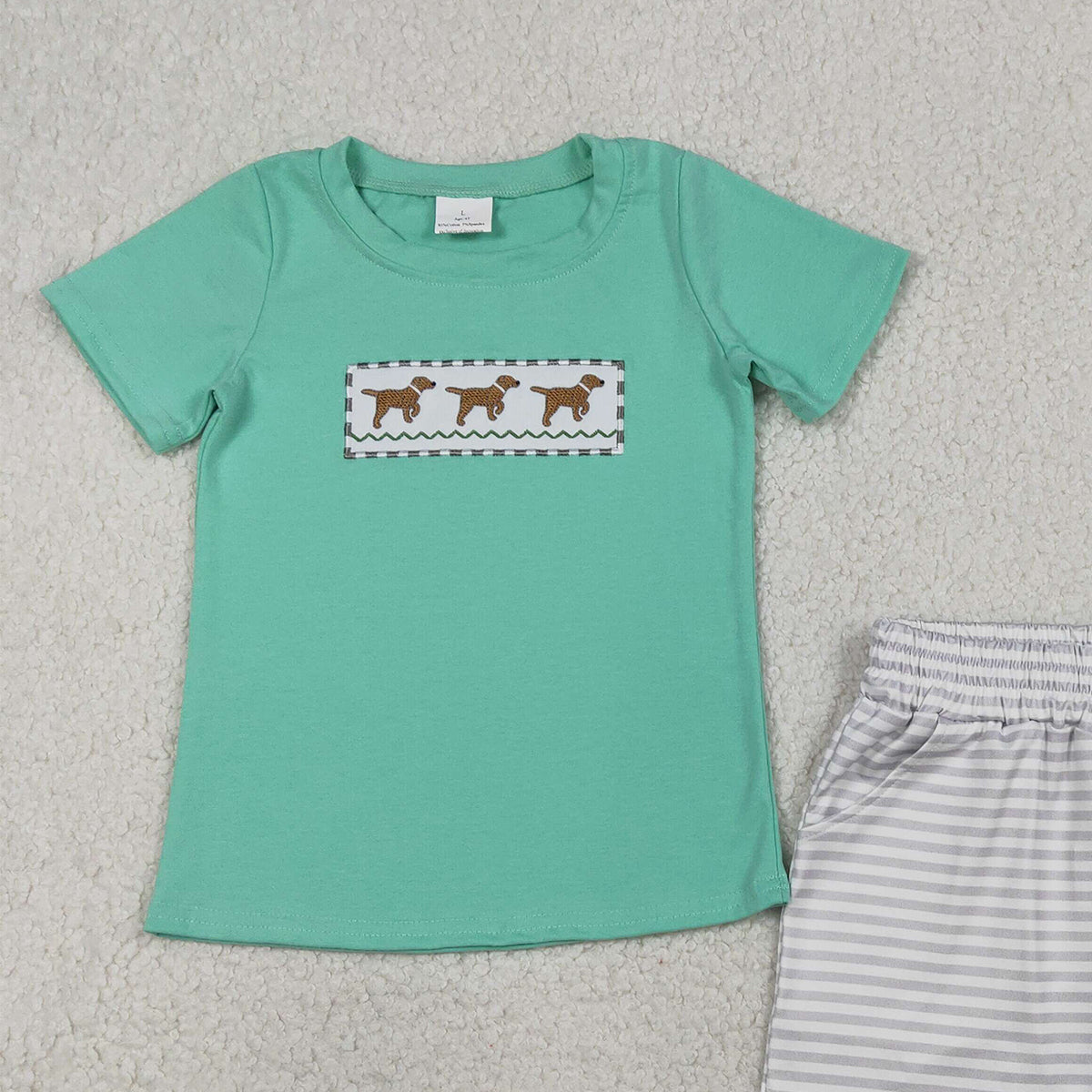 1.14 RTS NO MOQ （In stock）BSSO1688 Embroidery Dogs Baby Boys Top Stripe Pockets Shorts Hunting Clothes Sets