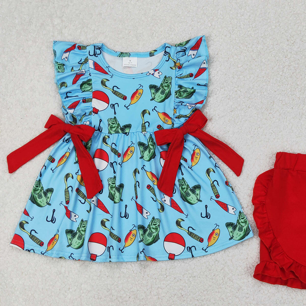 4.12 GSSO2097 RTS NO MOQ Baby Girls Blue Sleeveless Fishes Red Bows Tunic Ruffle Short Hunting Set