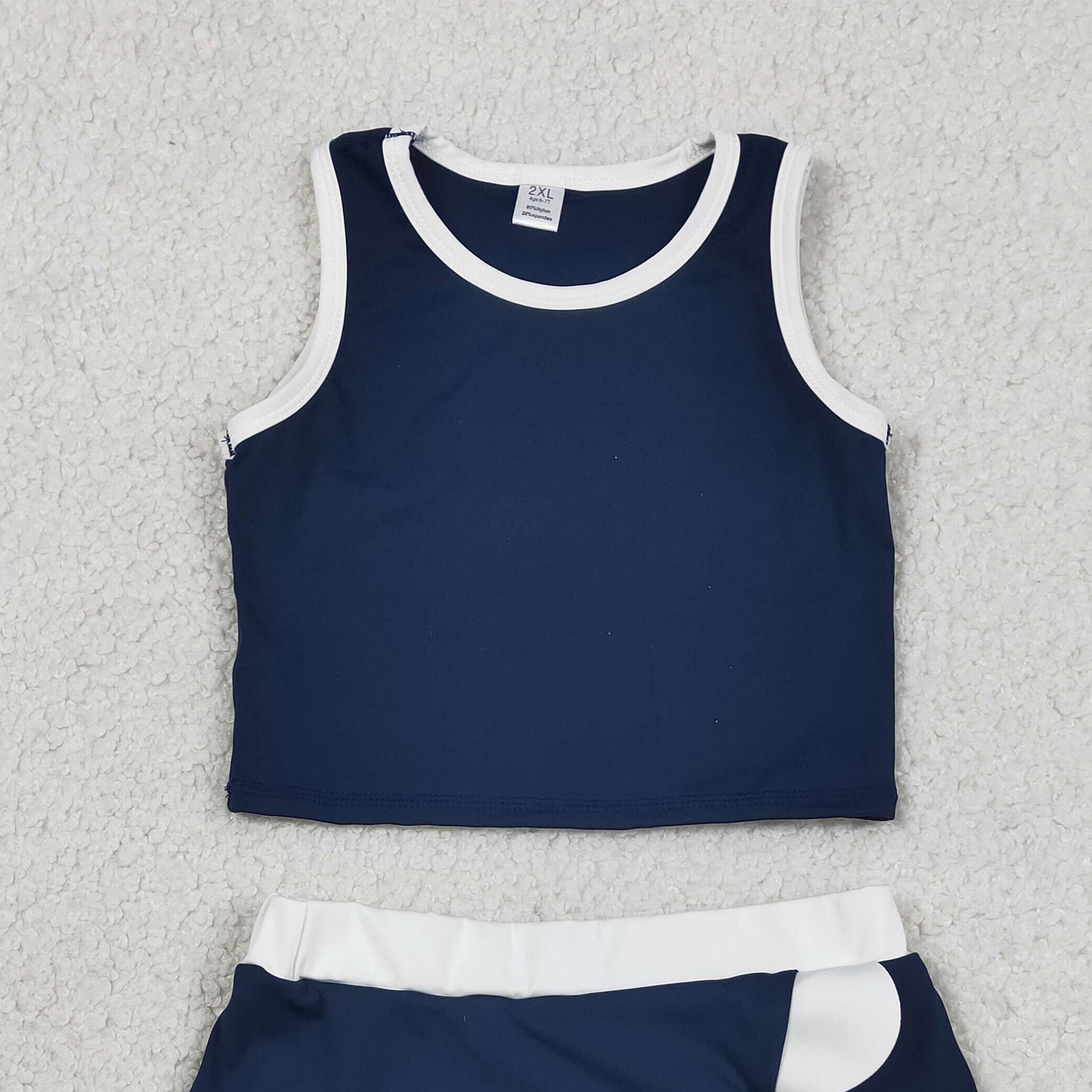 GSD4024 RTS NO MOQ （In stock ）Sleeveless navy white scallop girls team active wear set