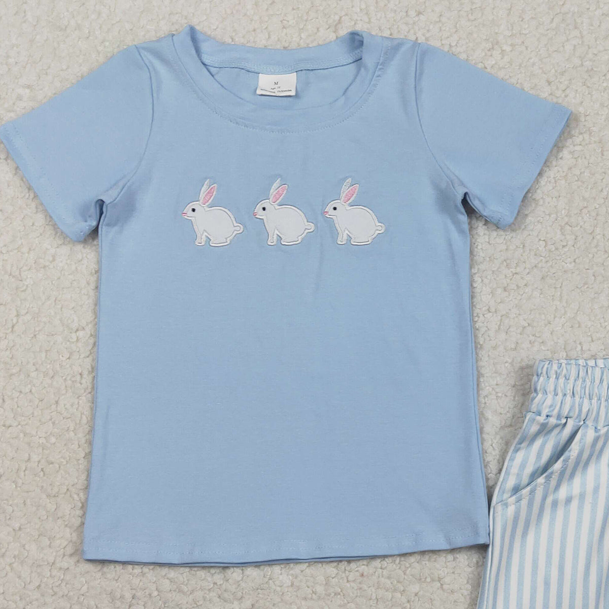 1.31 RTS NO MOQ （In stock）BSSO1560 Embroidery Rabbits Baby Boys Top Stripe Pockets Shorts Easter Clothes Sets