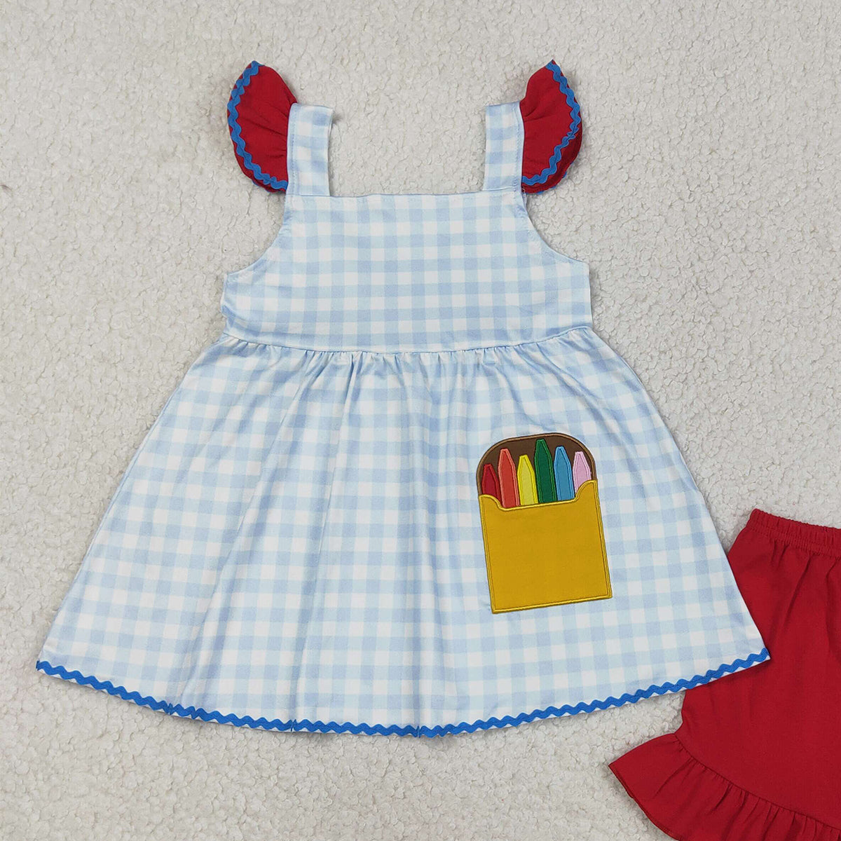 3.12 RTS NO MOQ （In stock）GSSO3101 Kids Clothing for Girls Baby Girls Embroidery Pencils Checked Tunic Ruffle Shorts Back to School Sets