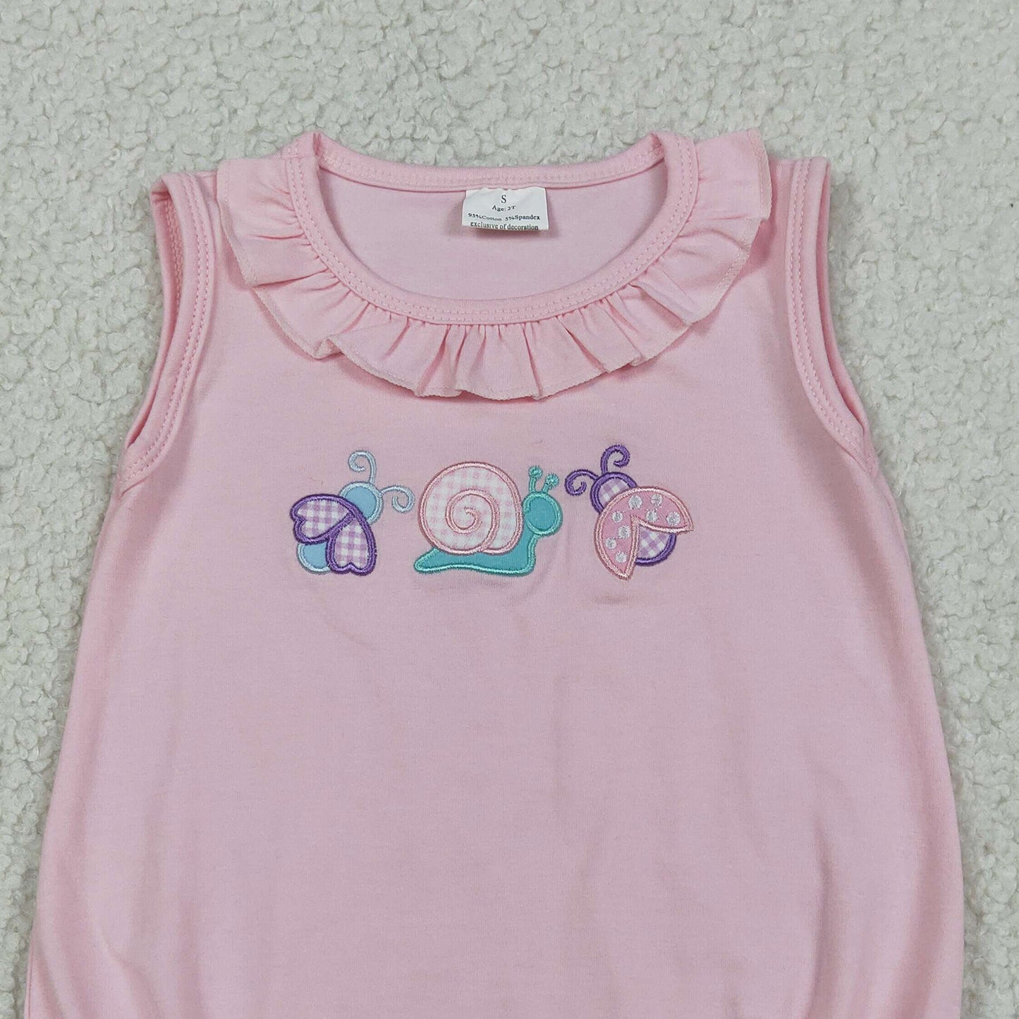 SR4037 RTS NO MOQ （In stock）Ruffle sleeveless bee snails embroidery baby girls romper
