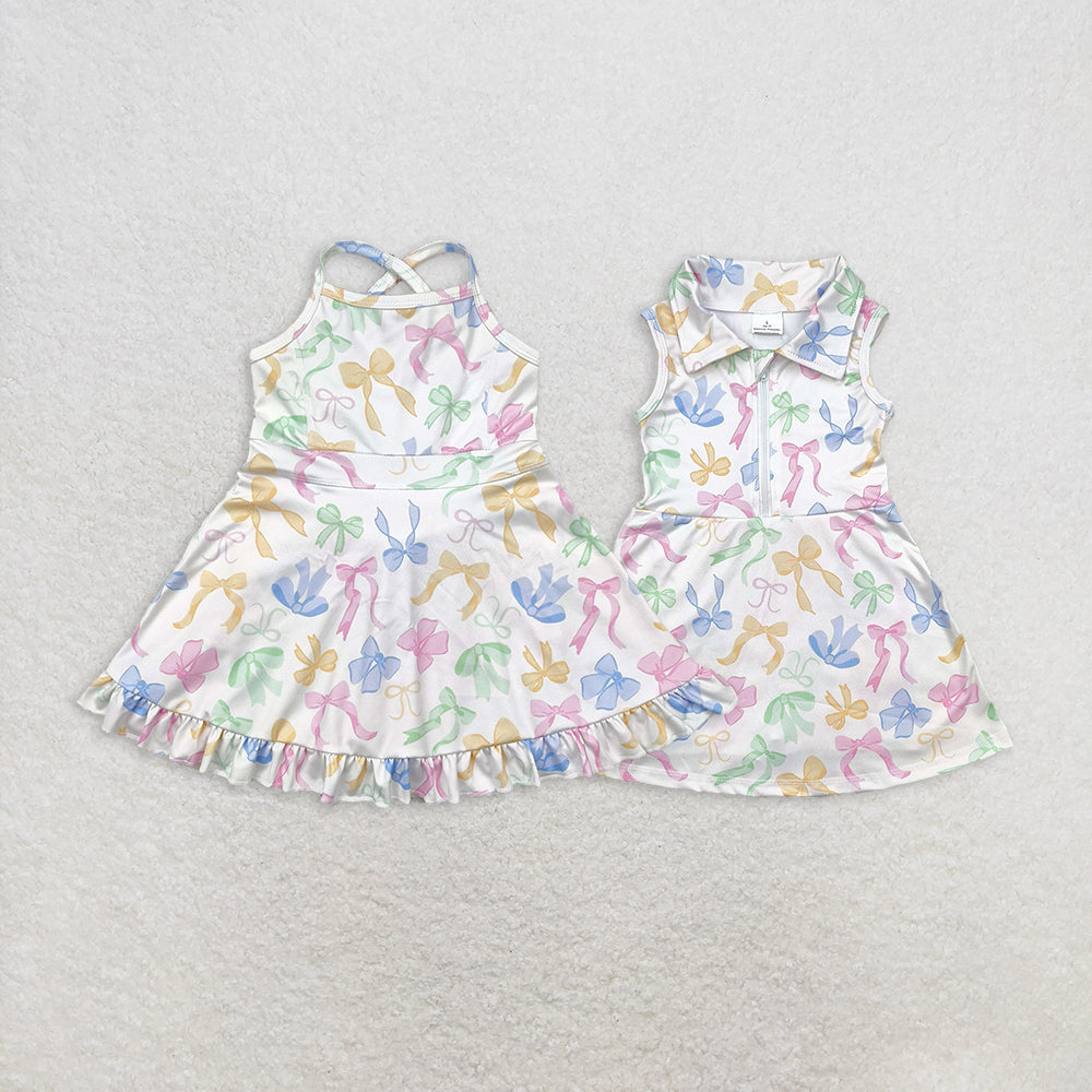 7.15 RTS NO MOQ Baby Girls Active Sleeveless Colorful Bows Zipper Yoga Dress