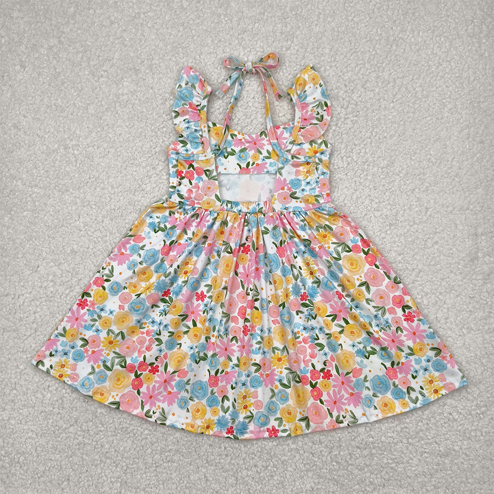 GSD2207 RTS NO MOQ Baby Girls Summer Dress  Kids Girls Yellow Floral Backless Dress with Flutter Sleeves Cute Casual Summer Dress for Girls