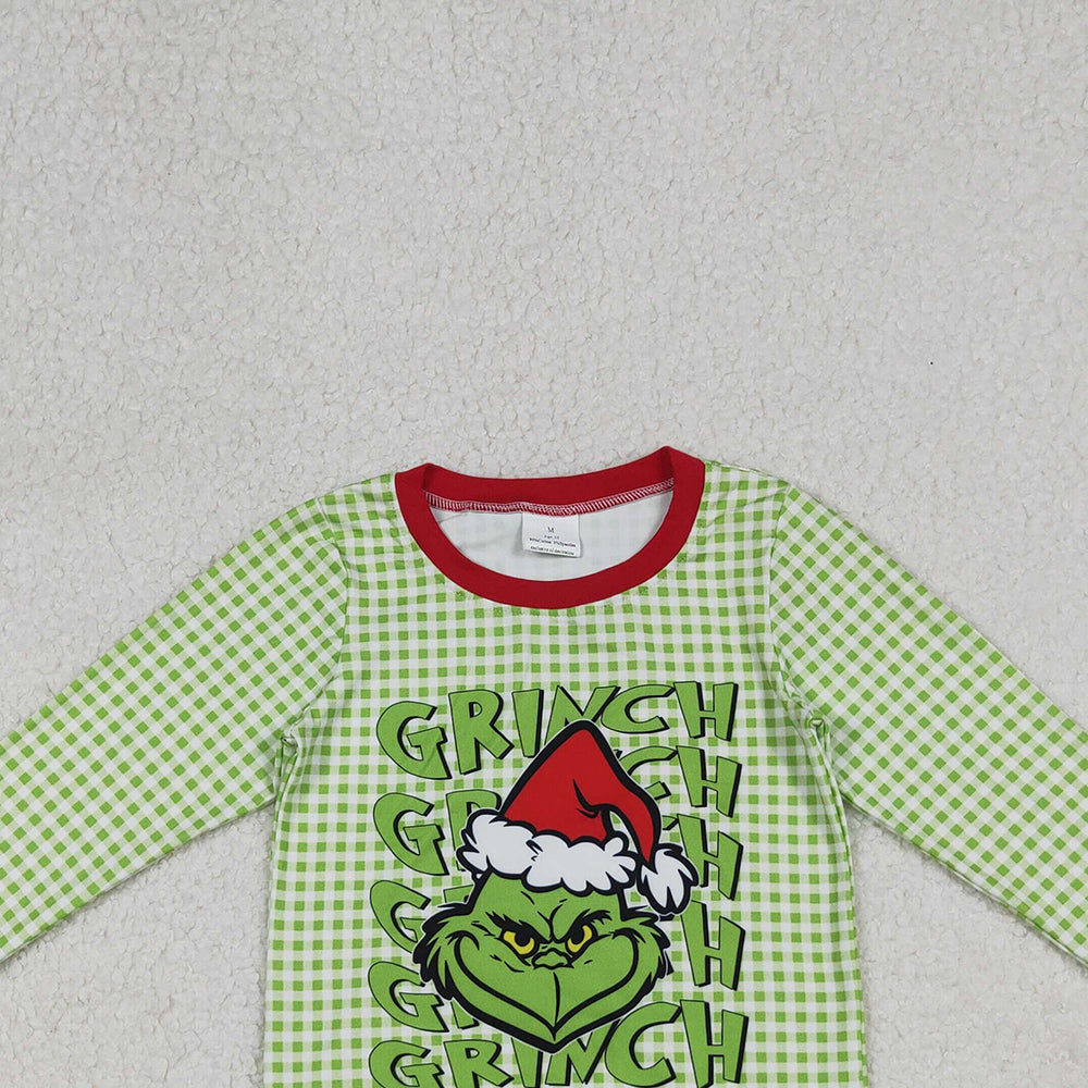 9.27 RTS NO MOQ （In stock）BT1321 Baby Boys Long Sleeve Tops Baby Boys Green Face Plaid Christmas Tee Shirts Top