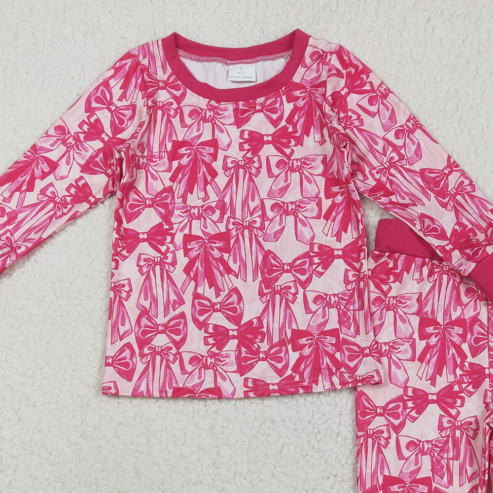 RTS NO MOQ （In stock）GLP2539 Baby Girls Winter Outfits Baby Girls Hot Pink Bows Plaid Top Pant Pajamas Set