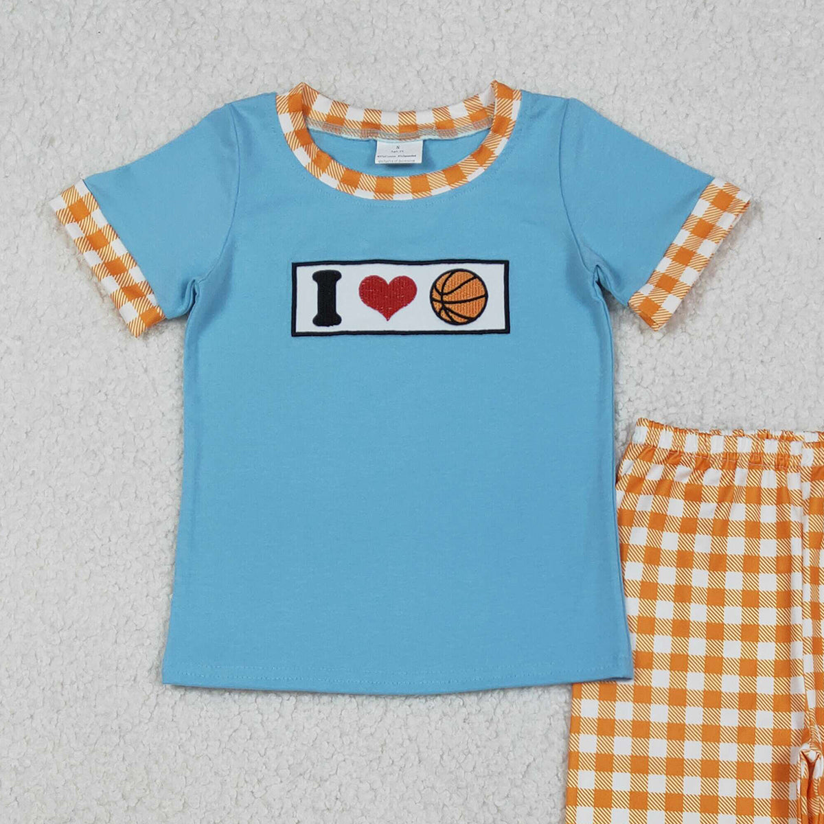 12.12 RTS NO MOQ （In stock）BSPO0619 Embroidery I Love Basketball Baby Boys Top Checked Pants Team Clothes Sets