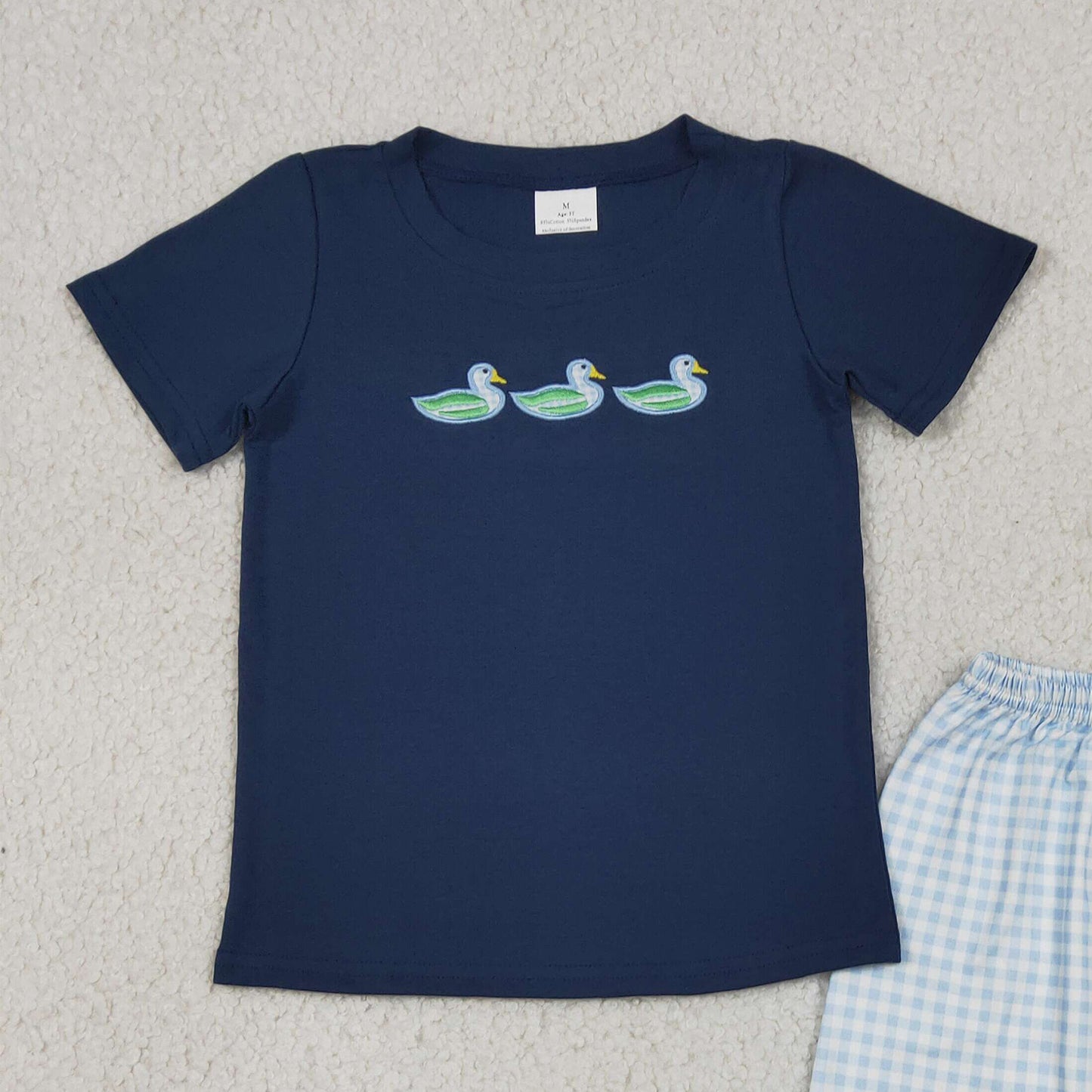 BSSO1938 RTS NO MOQ （In stock）Baby Boys Navy Ducks Top Checked Short Hunting Clothes Sets