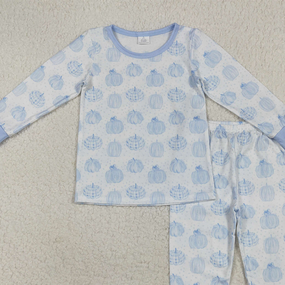 RTS NO MOQ （In stock） BLP0469Baby Boys Winter Outfits Blue pumpkin long sleeves kids boys fall pajamas