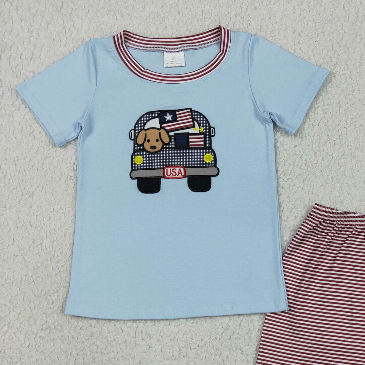 BSSO1918 RTS NO MOQ （In stock ）Dog flag truck embroidery kids boys 4th of july outfits