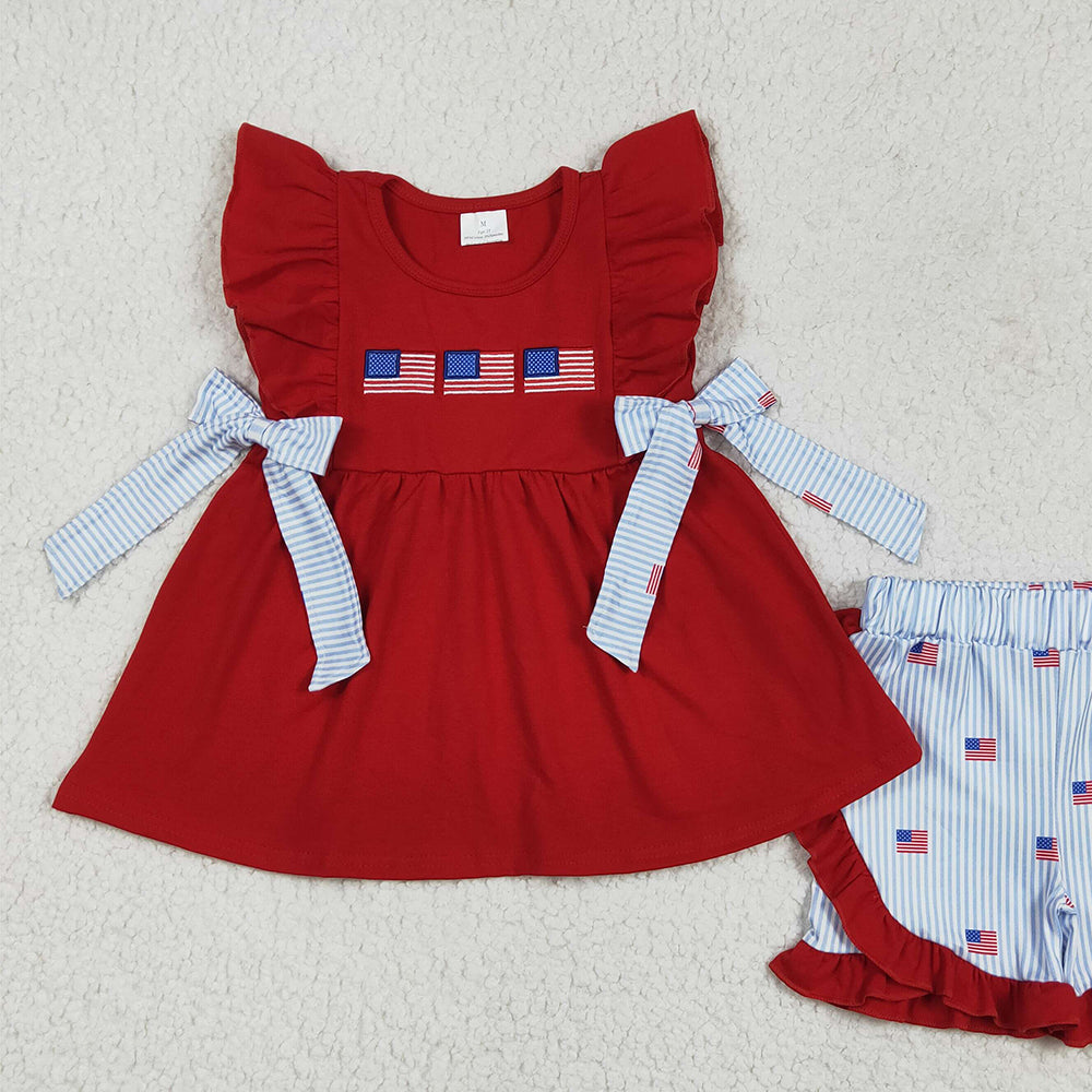 GSSO2375 RTS NO MOQ Baby Girls Summer Outfits  Red flutter sleeves flag tunic shorts girls 4th of july outfits