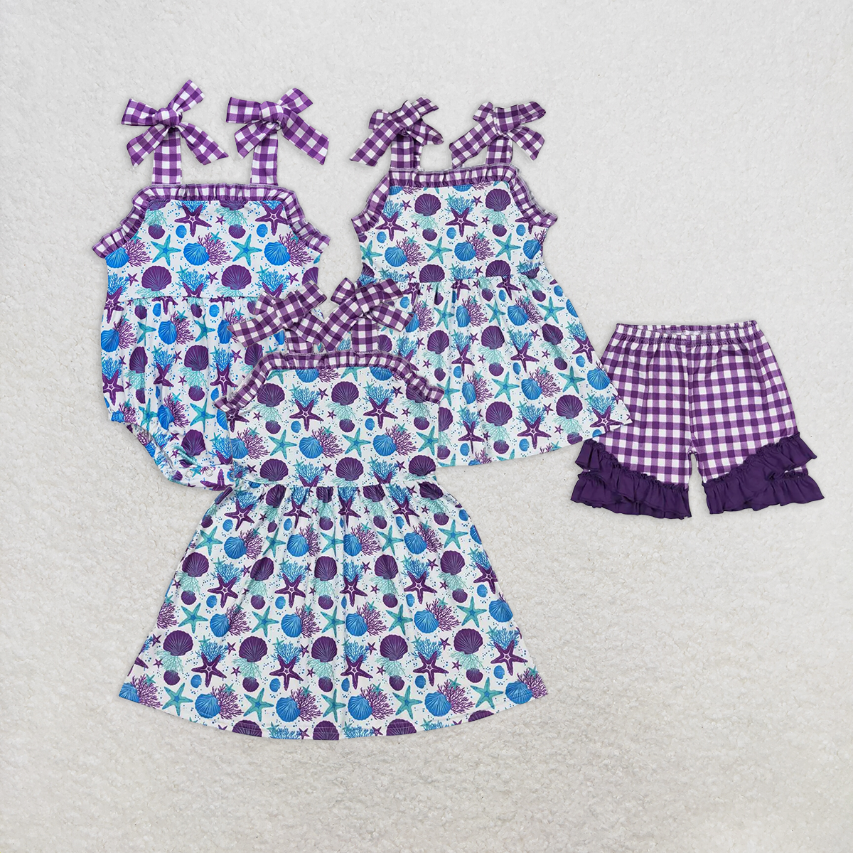 8.25 RTS NO MOQ Purple straps starfish tunic shorts sea girls summer clothes dress rompers