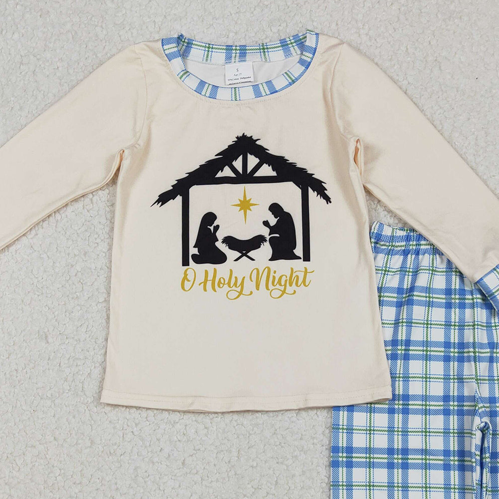 10.10 RTS NO MOQ （In stock）BLP1100 Baby Boys Winter Outfits Baby Boys Jesus Nativity Top Checked Pants Christmas Clothes Sets