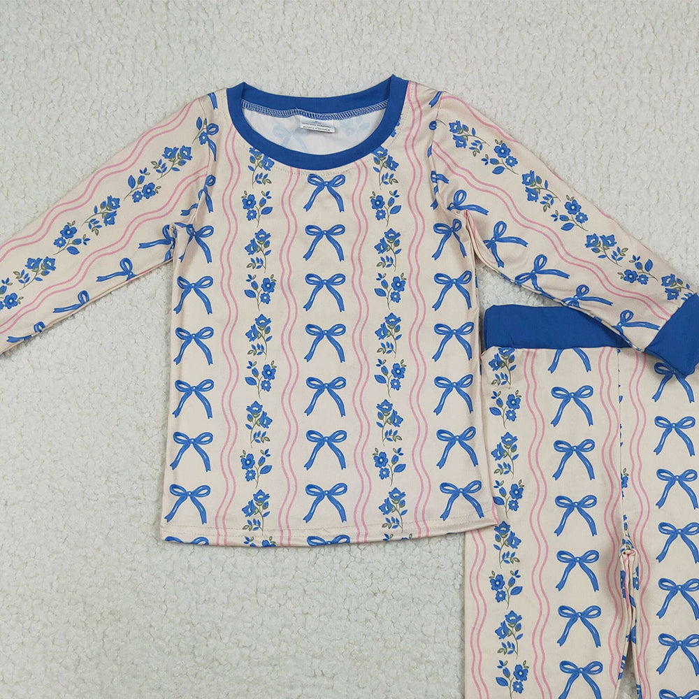 RTS NO MOQ （In stock）GLP2505  Baby Girls Winter Outfits Baby Girls Long Sleeves Blue Bows Flower Stripe Top Pants Pajamas Sets