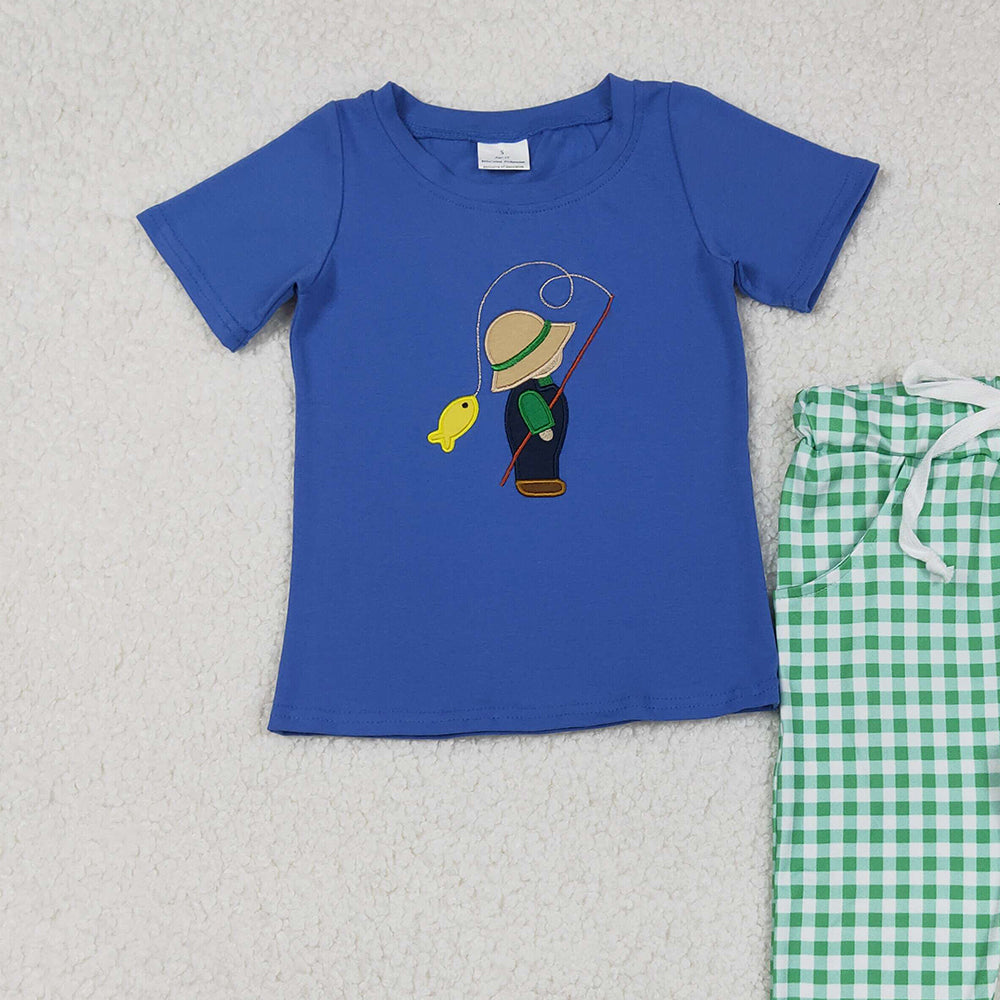 RTS NO MOQ （In stock）BSPO0506 Baby Boys Autumn Outfits Blue Plaid Short Sleeve Fishing Top And Pants Boys Clothing Set