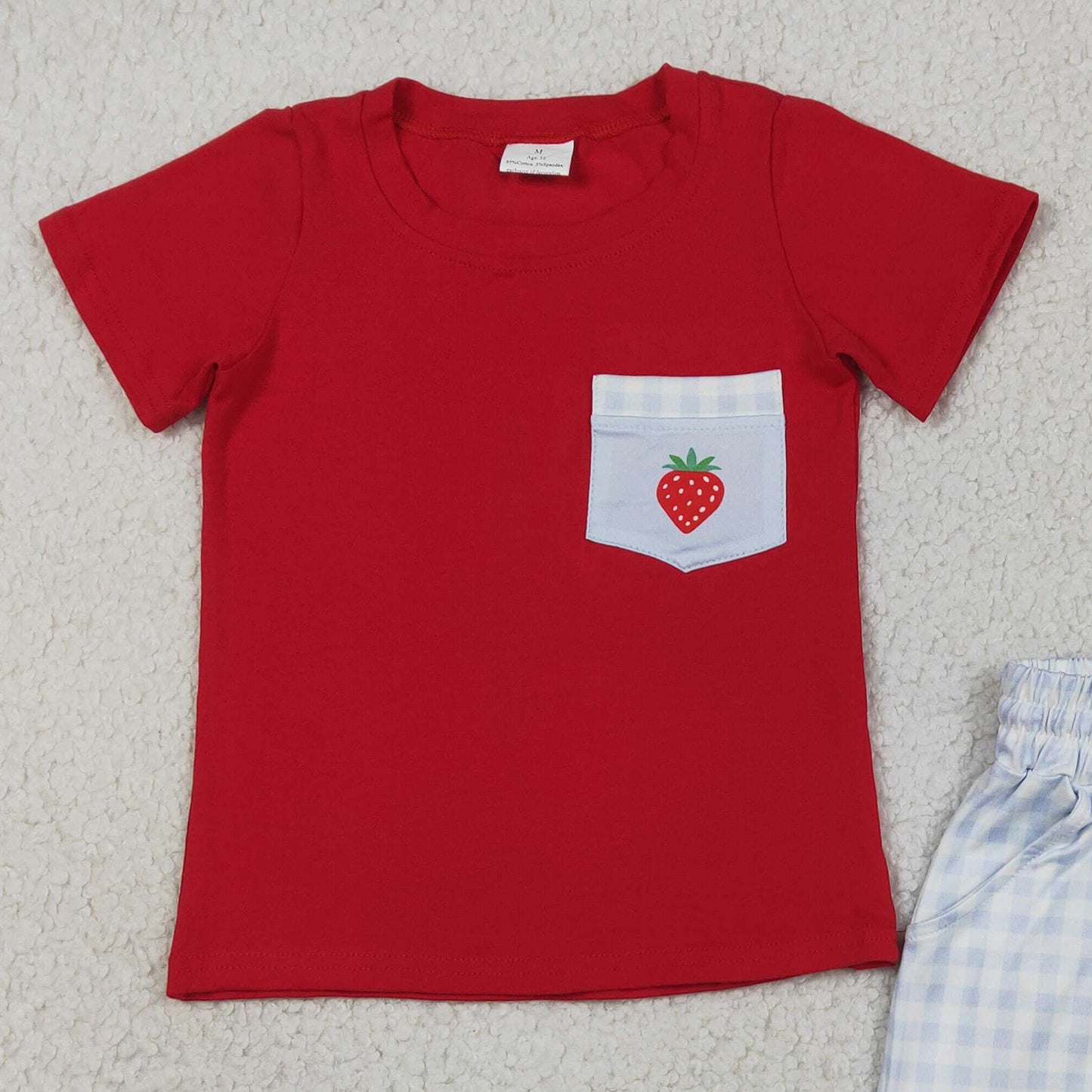 BSSO1692 RTS NO MOQ （In stock ）Short sleeves strawberry pocket top plaid shorts boys outfits