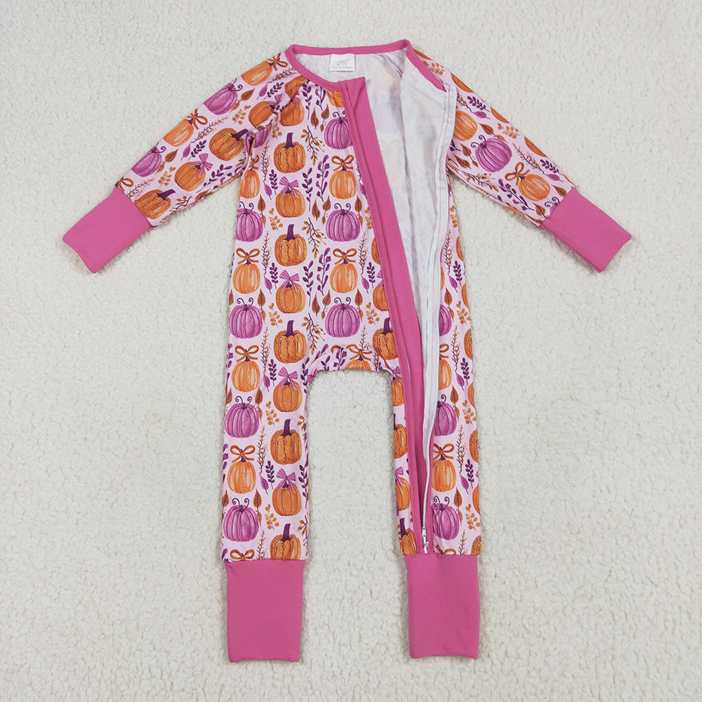 8.15 USA Shop (in stock)LR2270  Baby  Winter Rompers Baby Girls Long Sleeves Hot Pink Floral Pumpkins Zipper Rompers