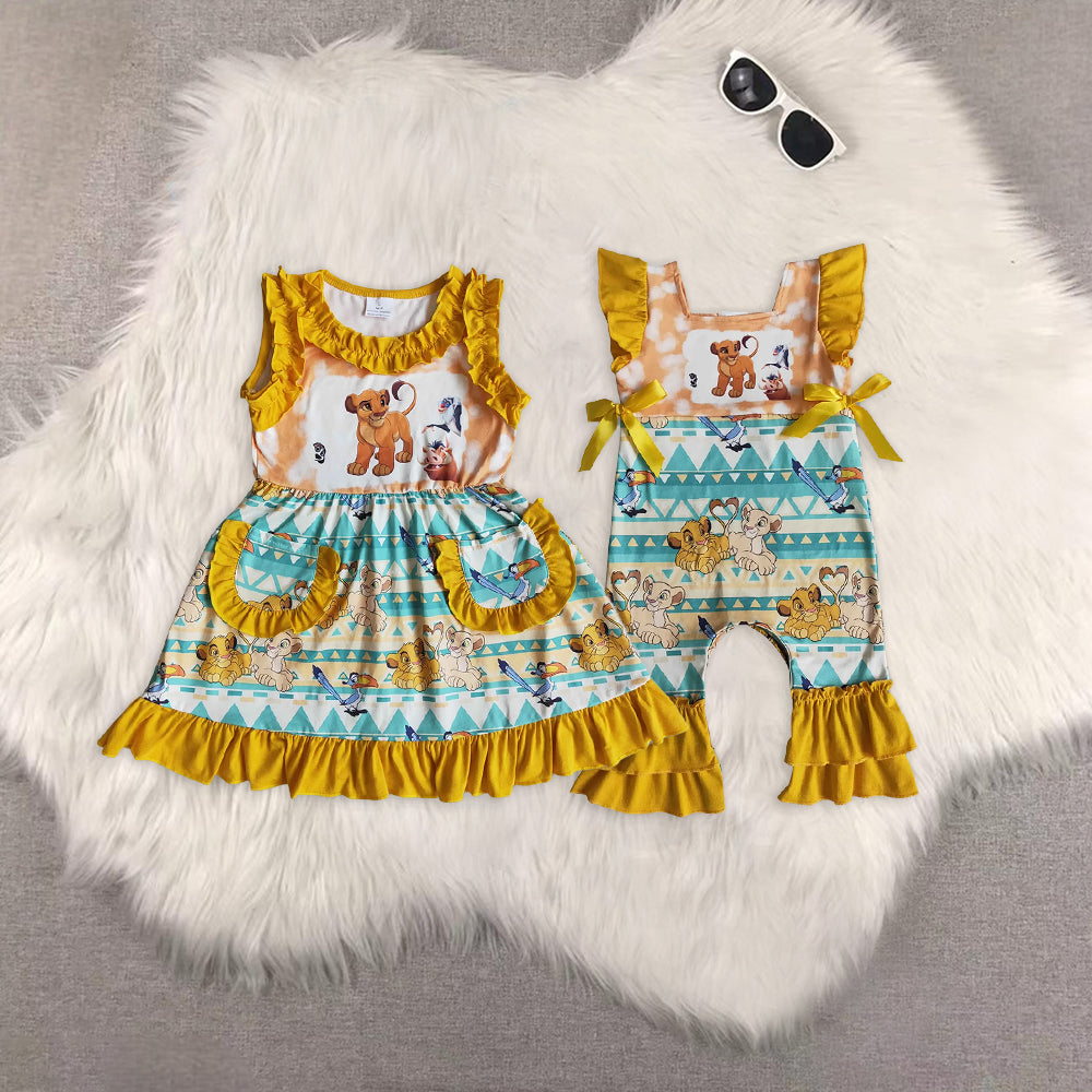 8.02 RTS Sibling Flutter sleeve bow lion print bay girls summer romper dress